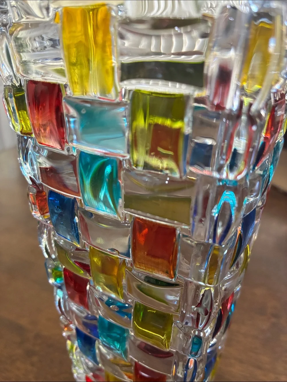 Clear Mosaic Glass Vase with Multicolor Accents